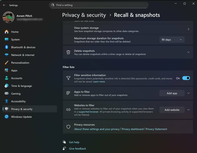 You can block Recall from capturing specific apps and sites in Settings
